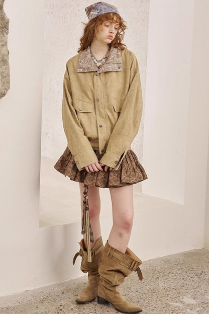 Cashew Flower Washed Stand Collar Jacket