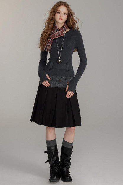 Wool Button Pleated A-Line Skirt