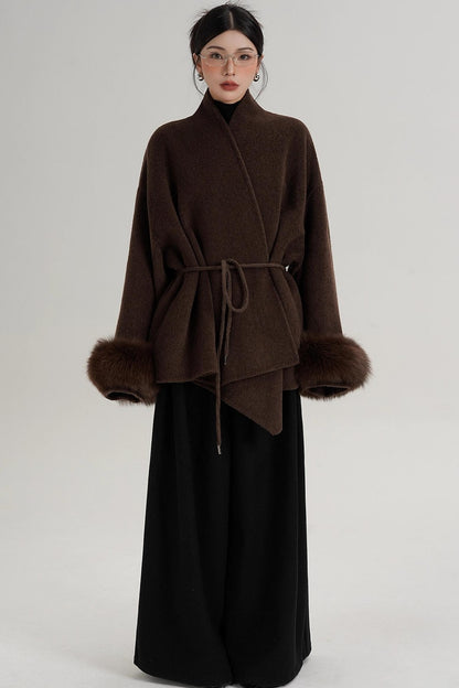 Elegant Fox Fur Sleeve Wool Coat