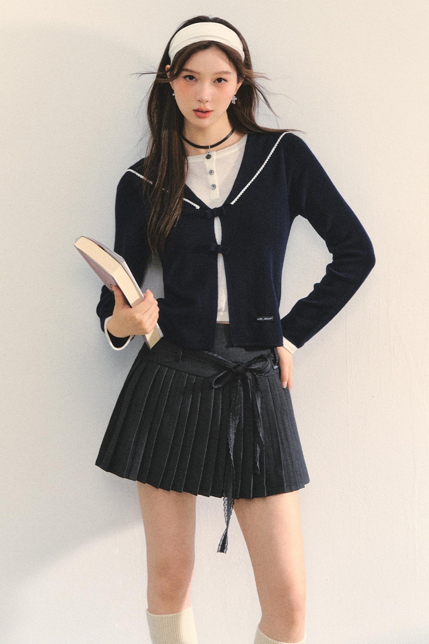 Sweet Navy Neck Knit Cardigan