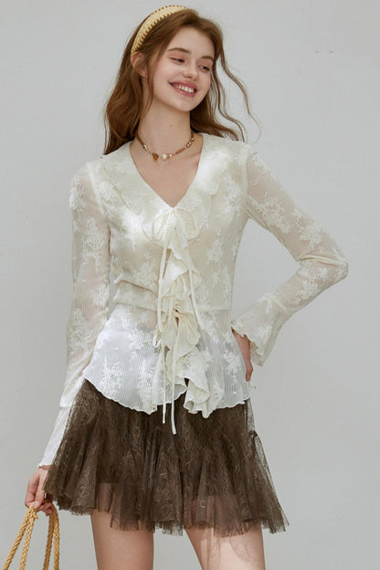 Autumn Womens V-neck Ruffled Top