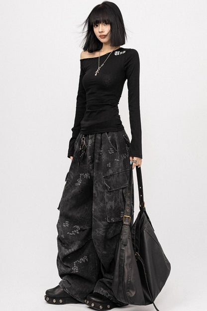 Autumn Retro Black Slanted Shoulder Long Sleeve Slim Top