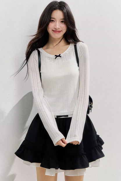 Texture Hollow Knit Long-Sleeved T-Shirt