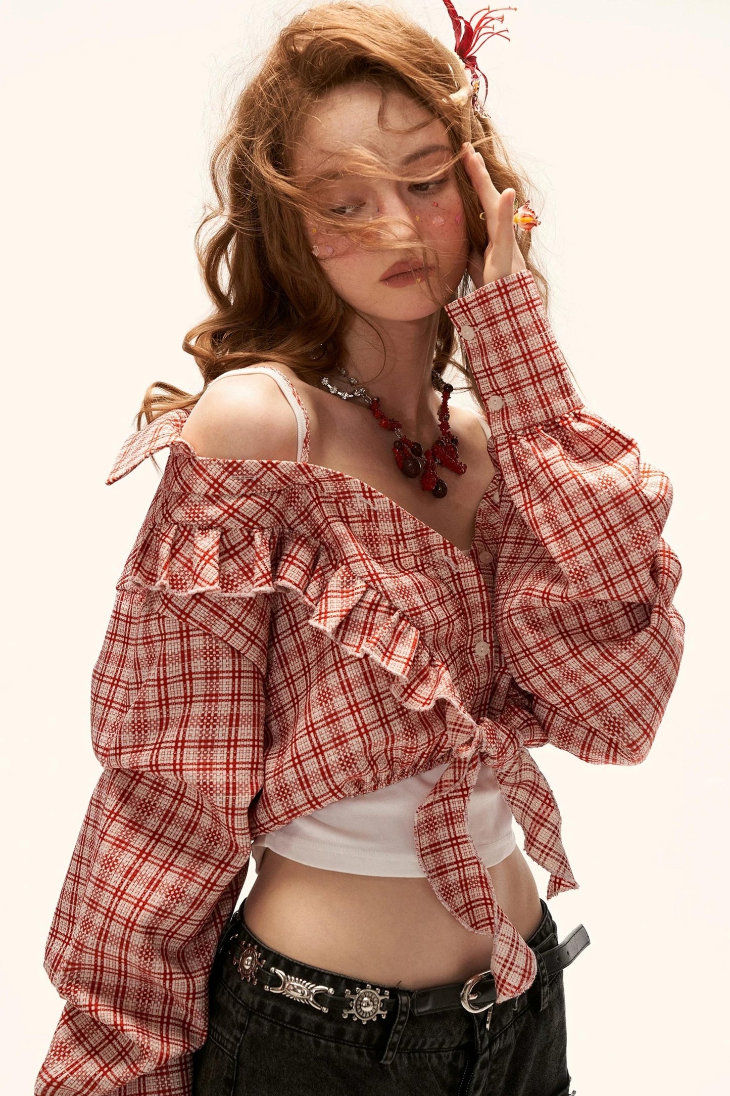 Cropped Plaid Off-Shoulder Blouse