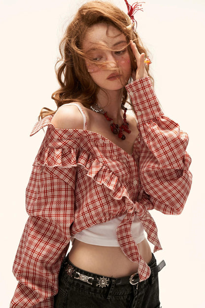 Cropped Plaid Off-Shoulder Blouse