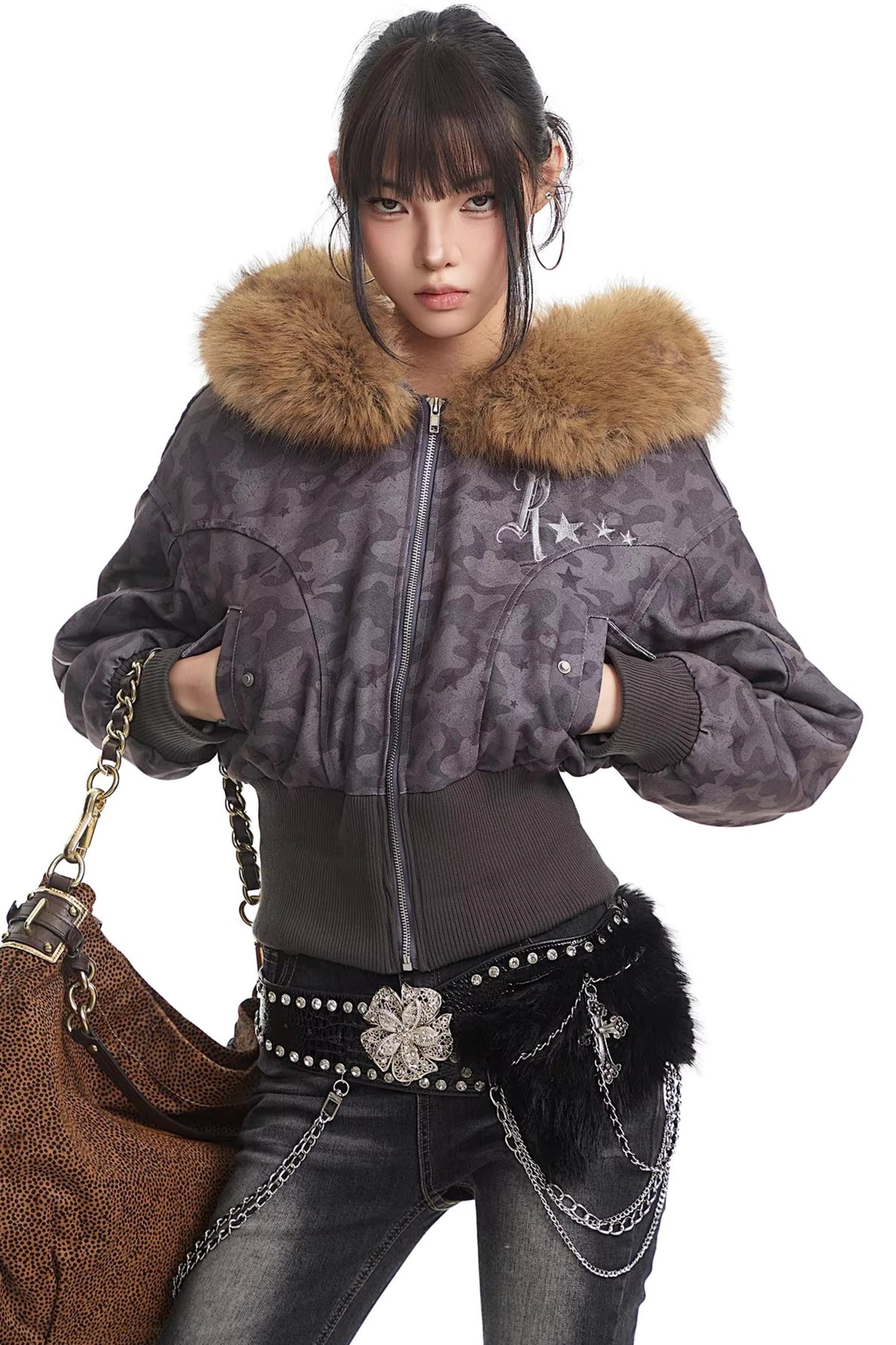Retro Camouflage Fur Collar Hooded Jacket