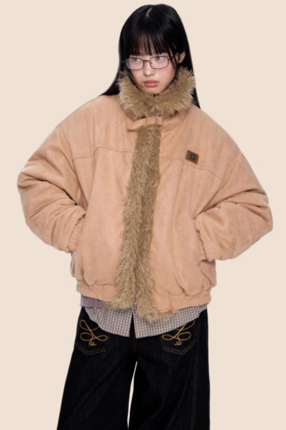 Faux Suede Fur Collar Jacket