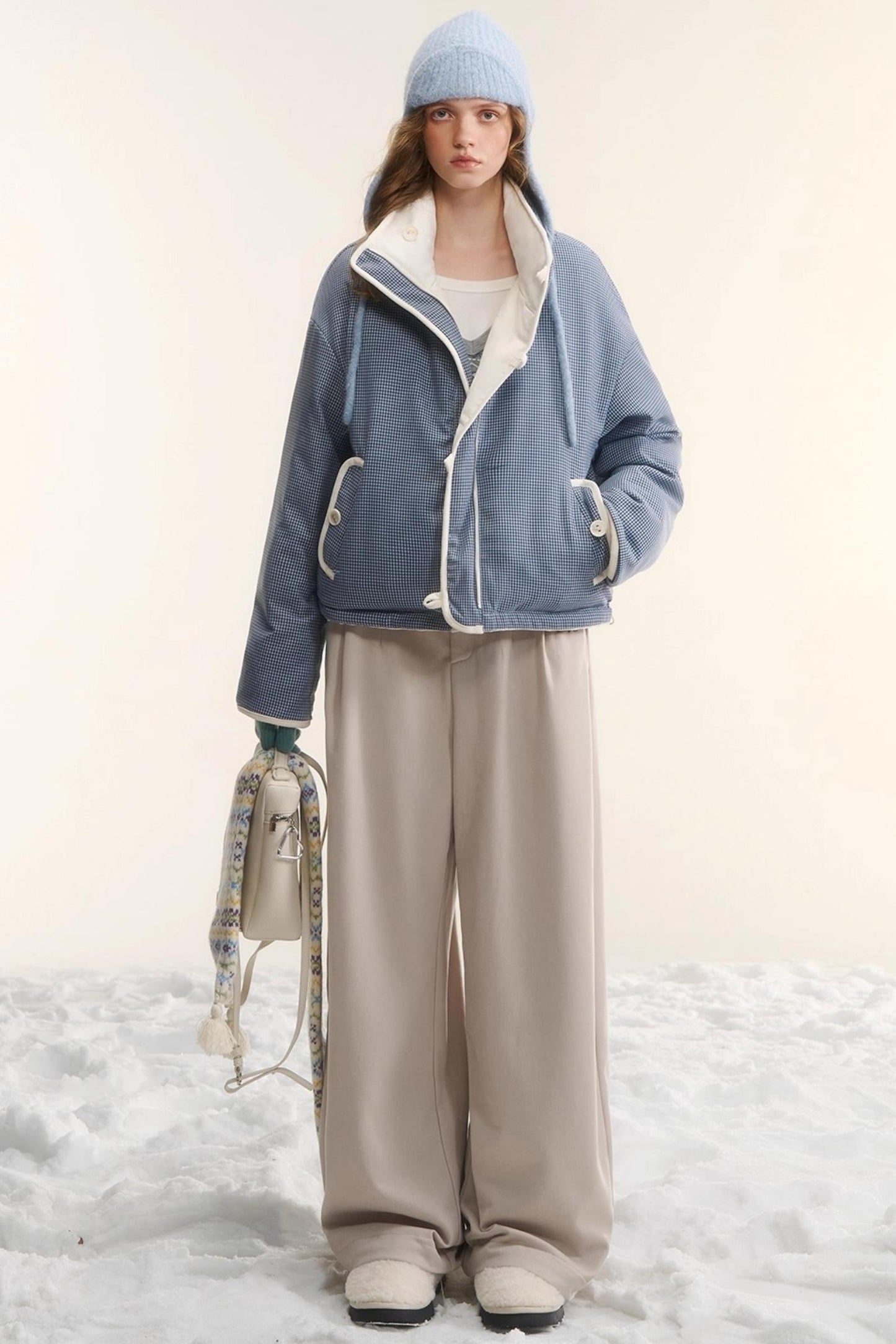 Plaid Fleece-Lined Wide-Leg Pants