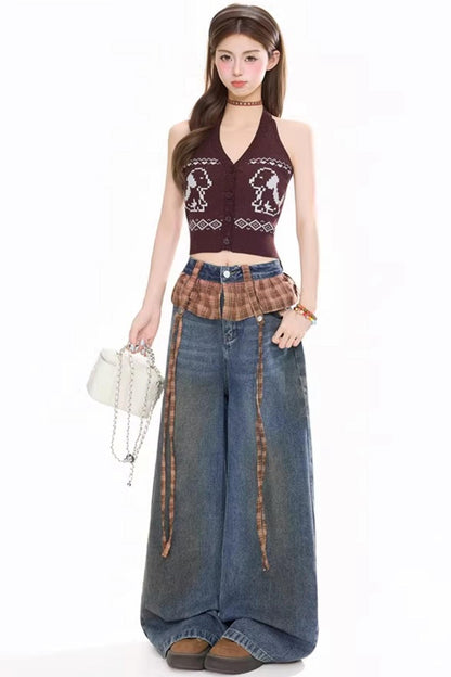 레트로 체크 패치워크 청바지