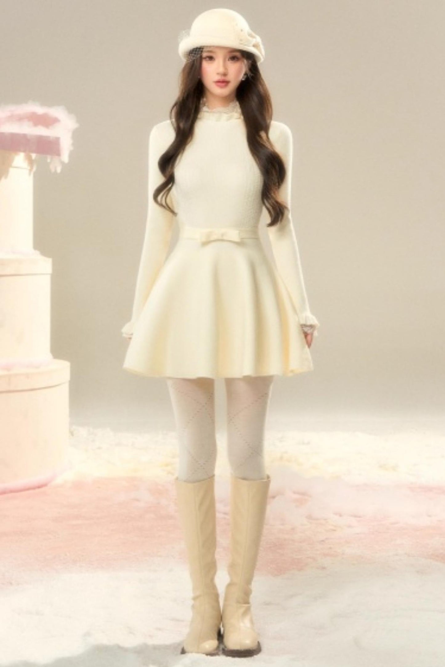 Lace High-Neck Knitted Dress