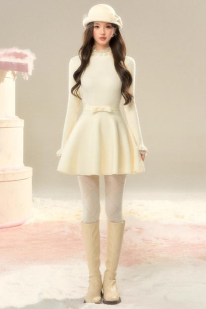 Lace High-Neck Knitted Dress