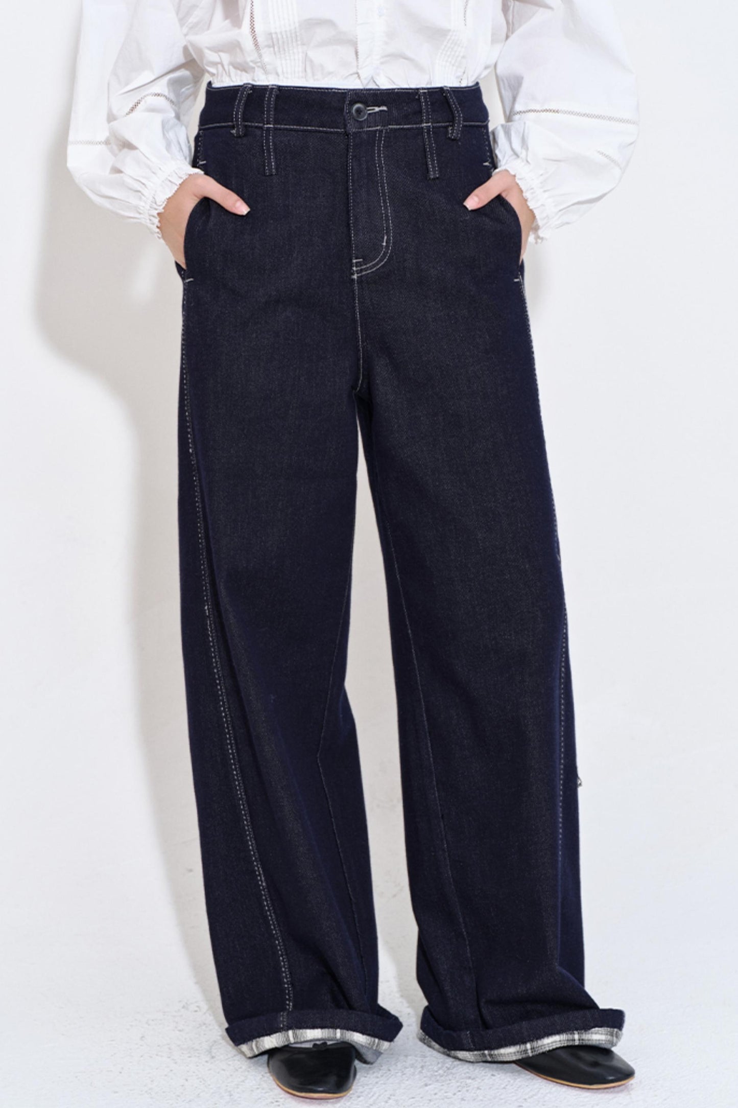 Textured Plaid Patchwork Jeans Pants