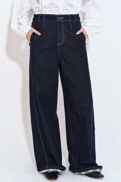 Textured Plaid Patchwork Jeans Pants