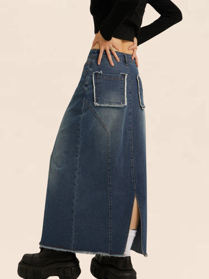 Retro straight denim midi skirt