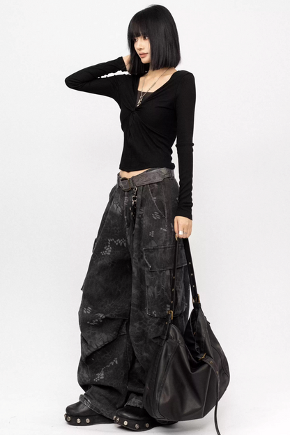 Retro Lace-Up Black Top