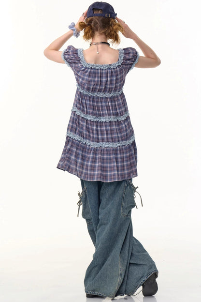 Purple Plaid Puff Sleeve Dress