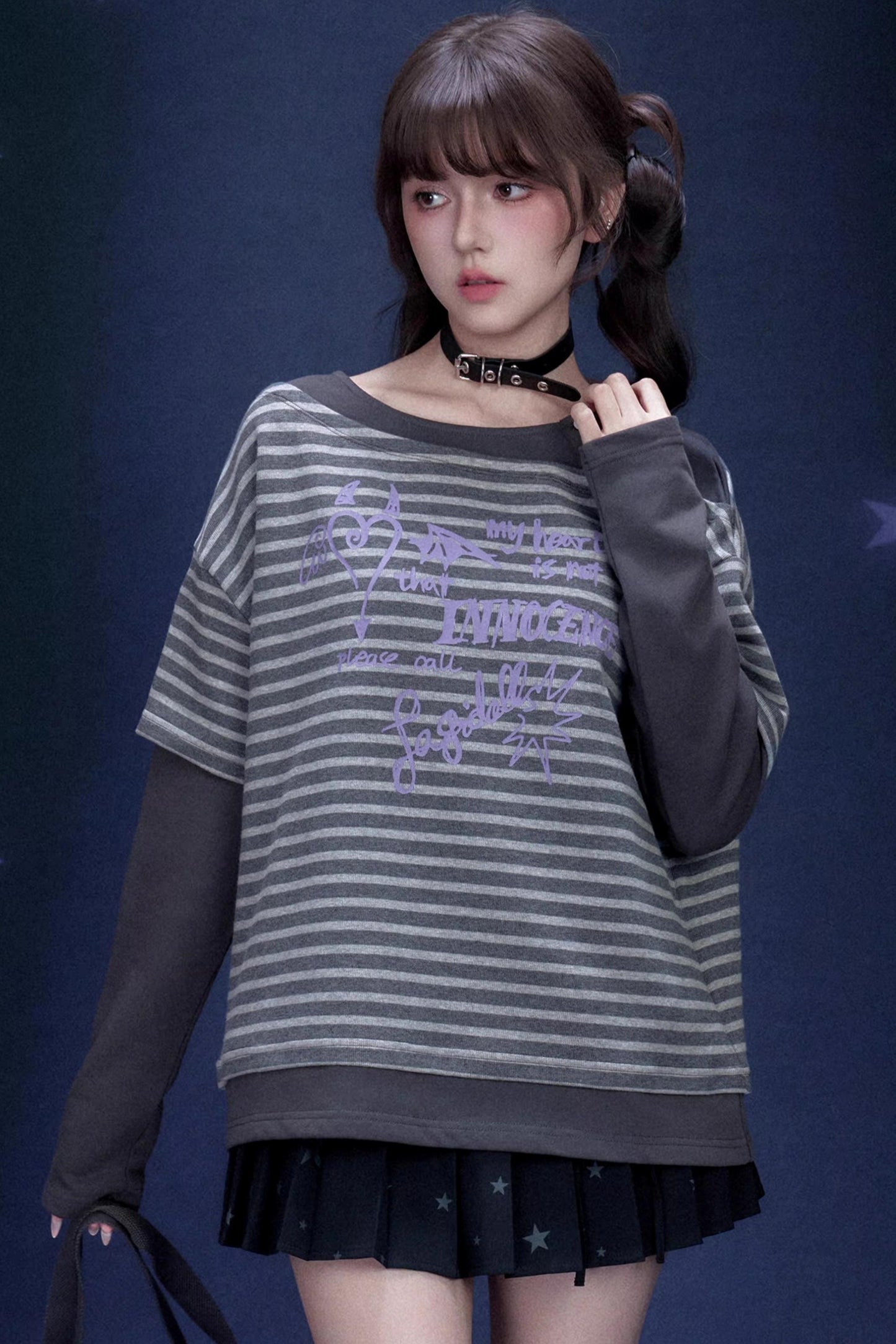 Dark Gray Striped Graffiti Print Top