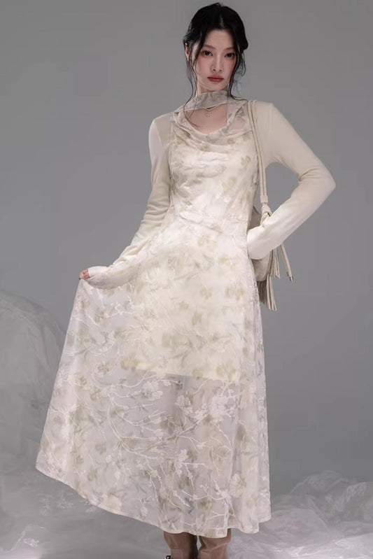 Sheer Apricot Mesh Dress Set