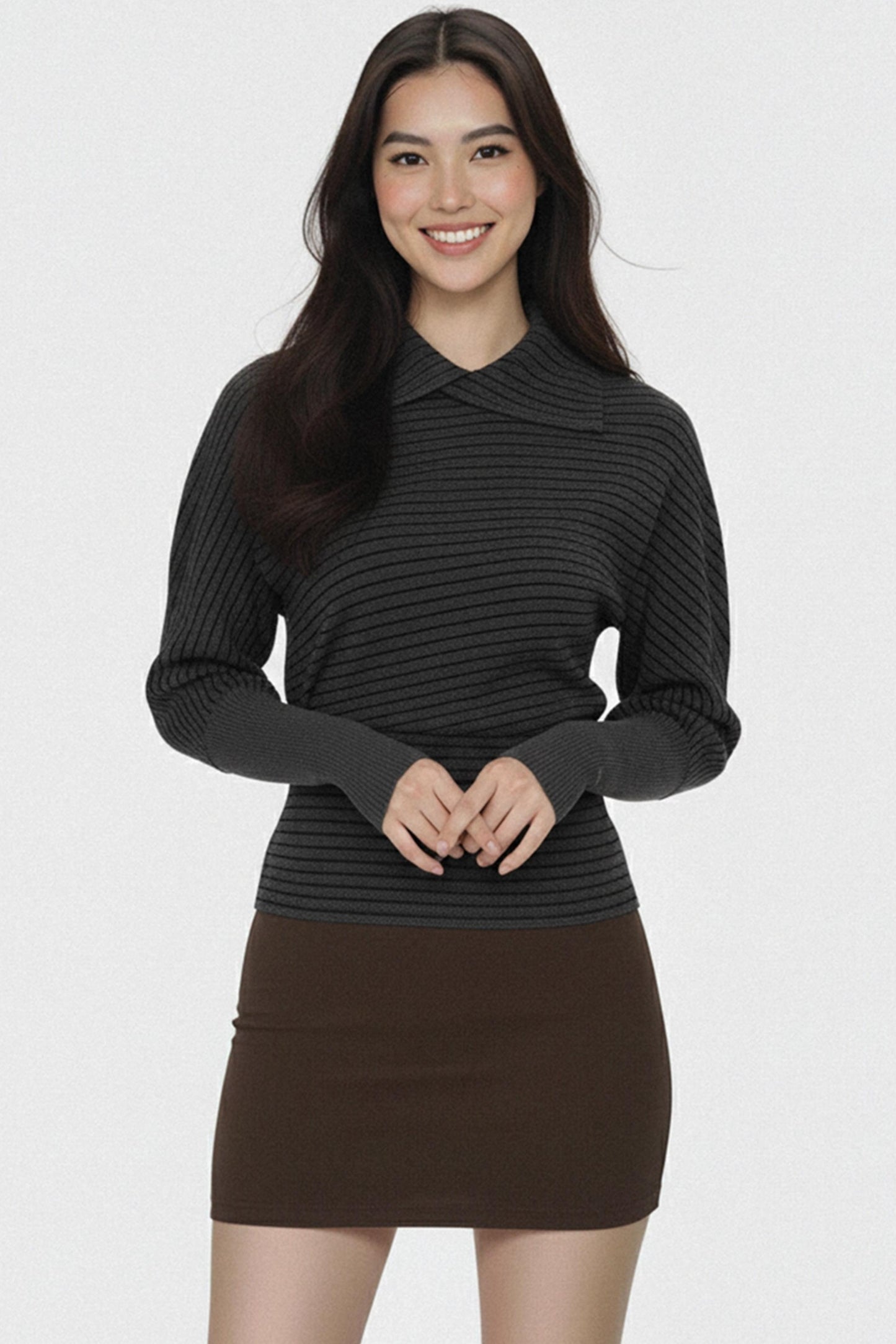 Dark Gray Striped Pleated Top