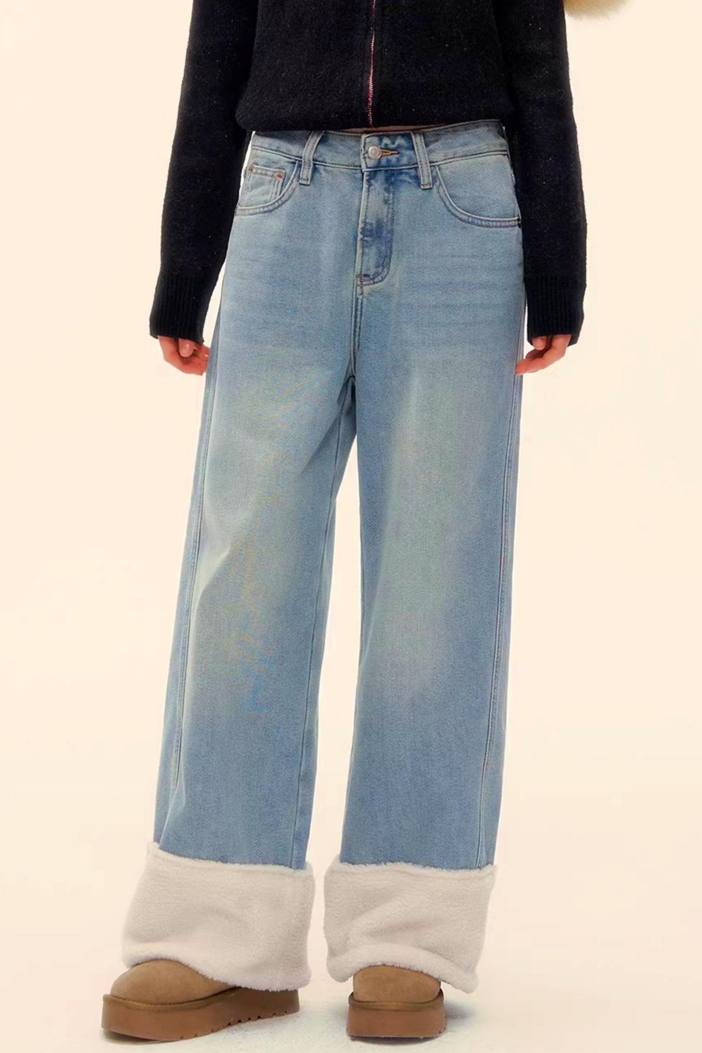 Wool Splicing Fleece-Lined Pants