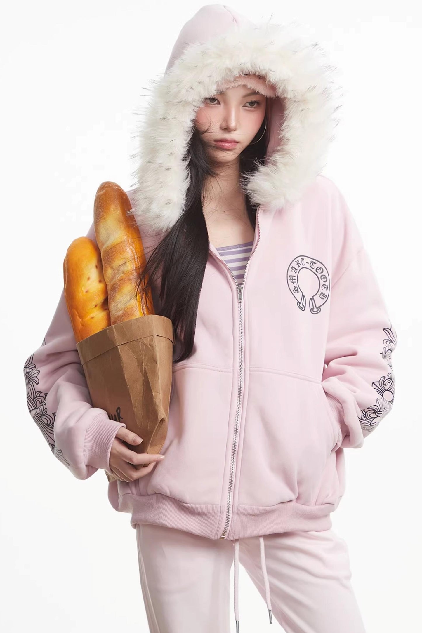 Printed Fur Collar Hooded Jacket