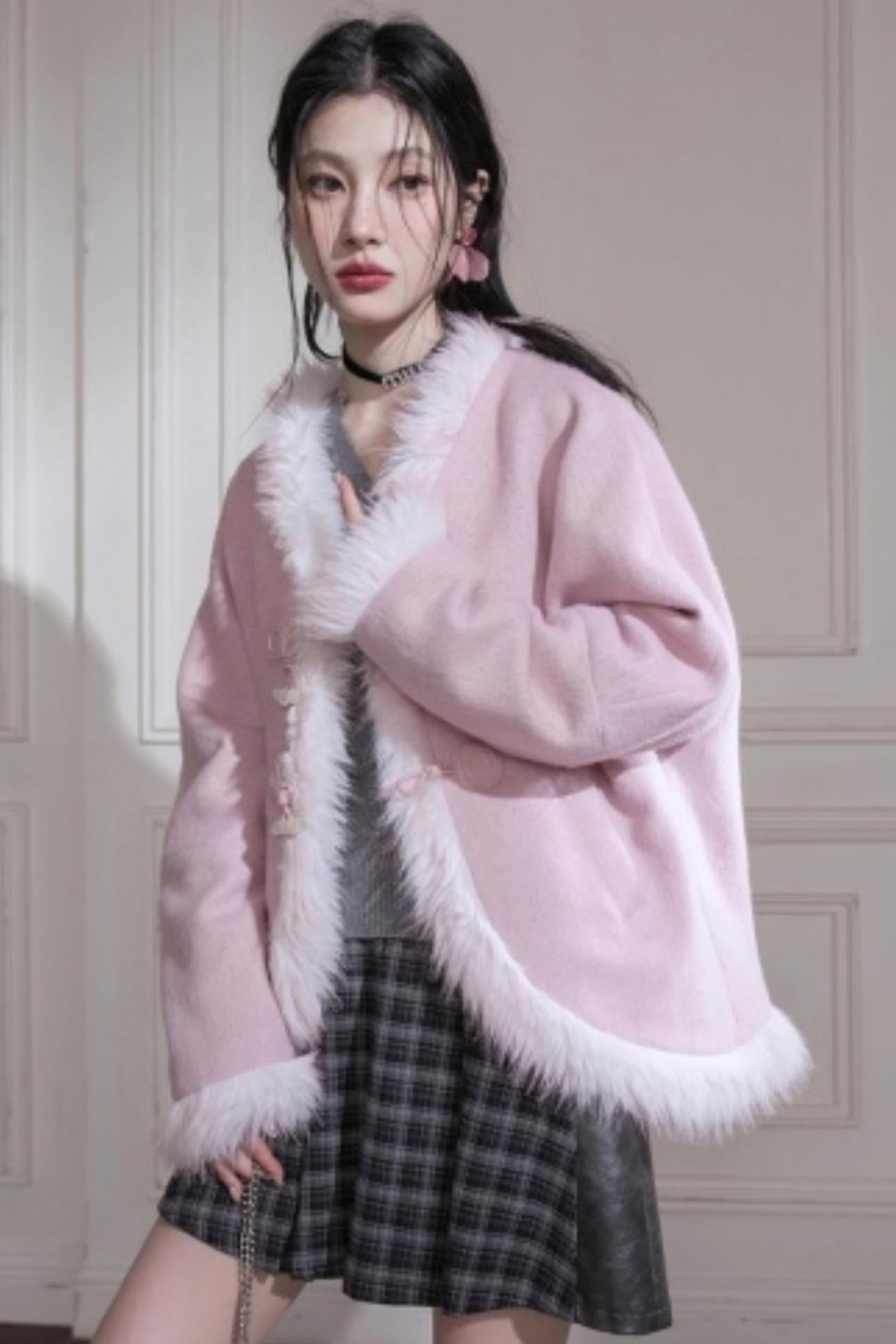 Snow Cherry Fleece Collar Wool Coat