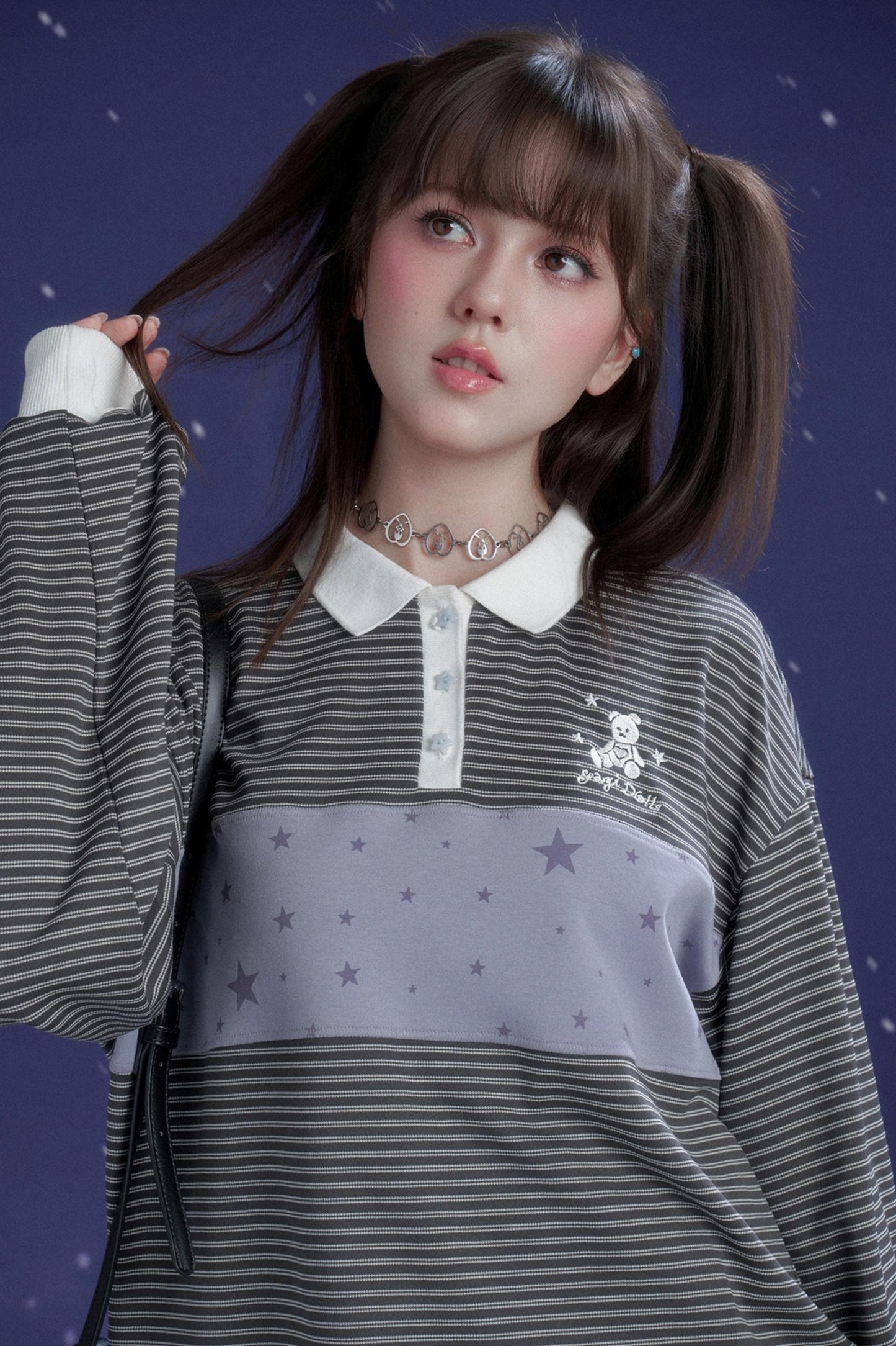 Energetic Gray-Purple Striped Polo Top