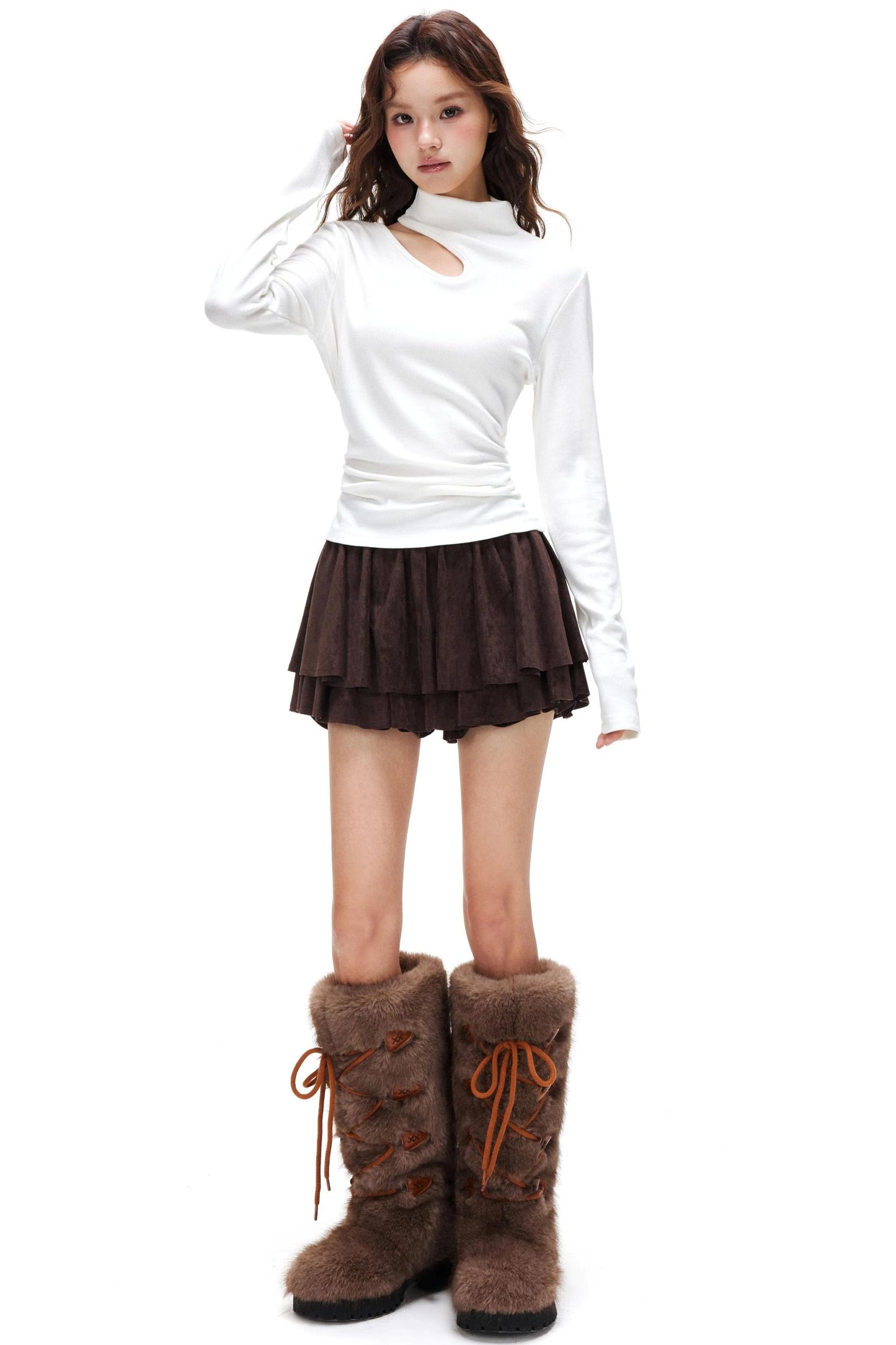 Suede Ruffled A-Line Skirt