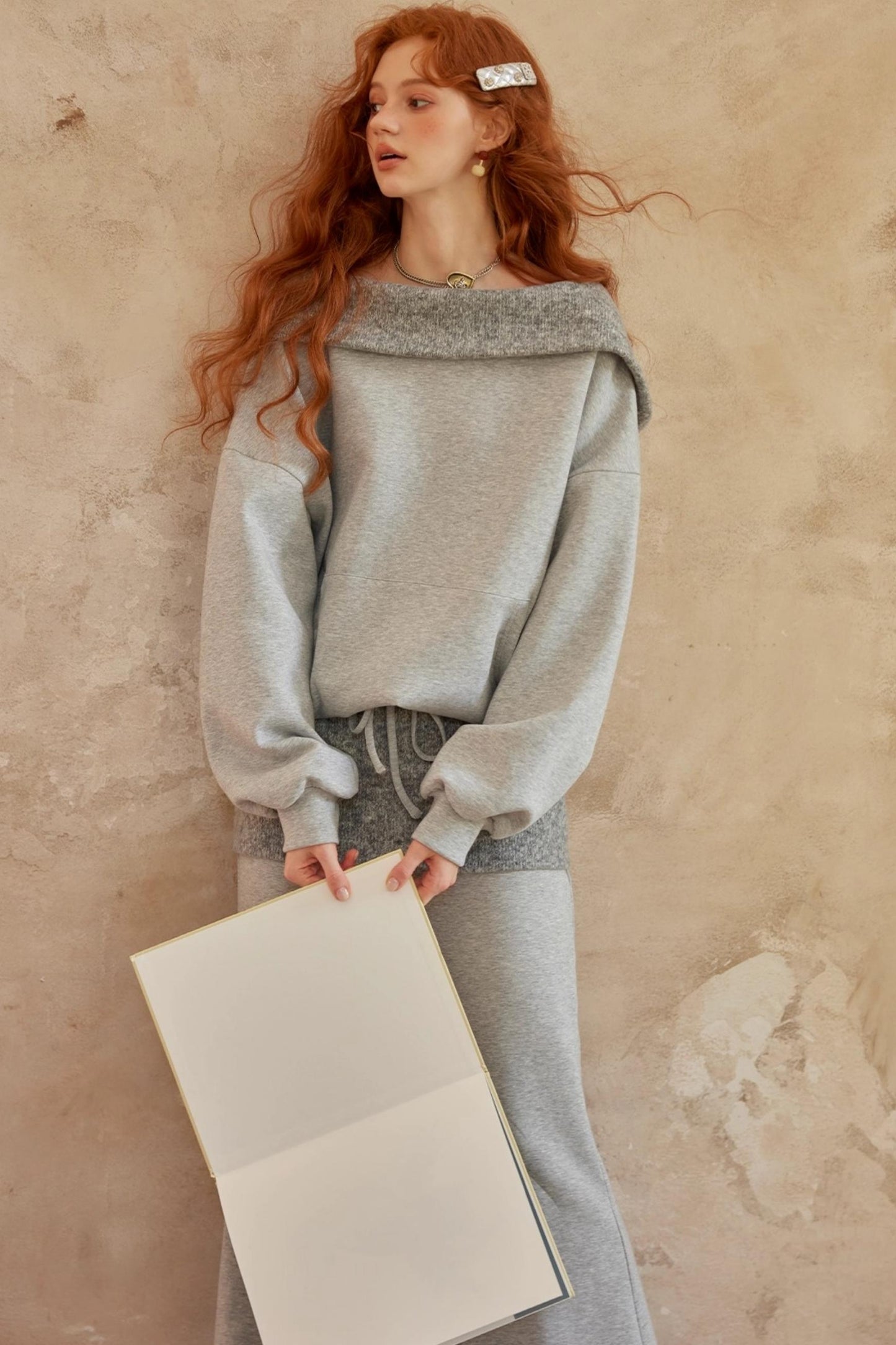 Gray Off-Shoulder Two-Piece Set-Up