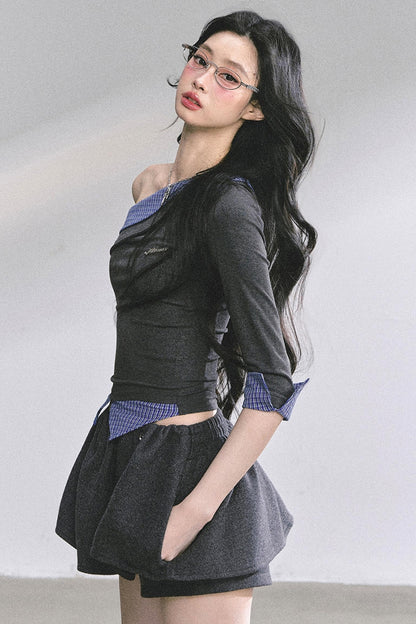 Gray Tone Slanted Shoulder Plaid T-shirt