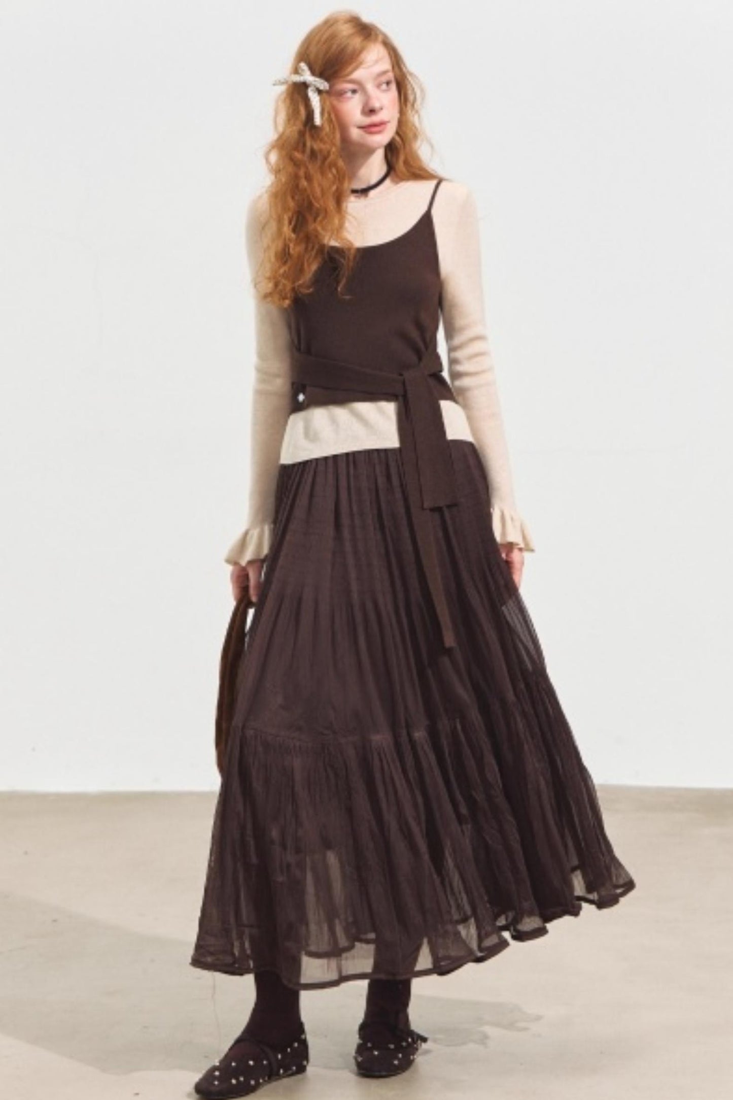 Fake Two Contrasting Tie-Up Sweater