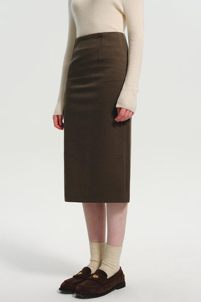 Woolen High-Waist Coffee Slit Skirt