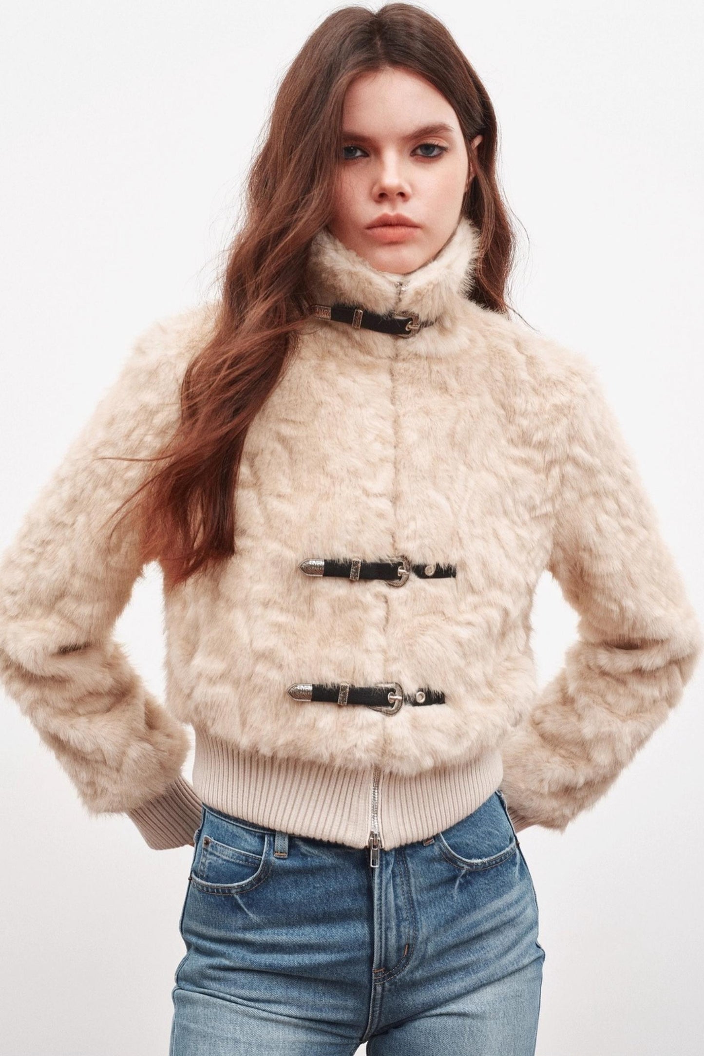 Leather Stand-Up Collar Woolen Short Jacket