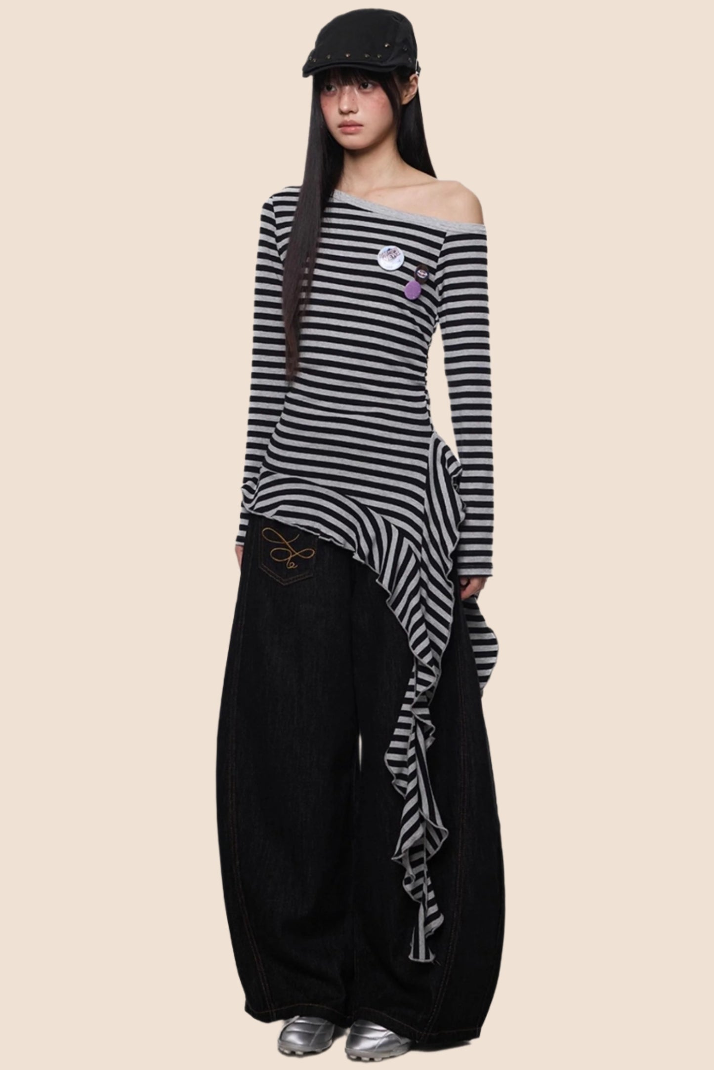 Tassel Detail Slanted Shoulder Top