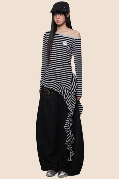 Tassel Detail Slanted Shoulder Top