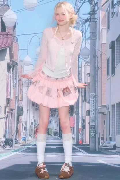 Bell-Sleeved Pink Knitted Cardigan