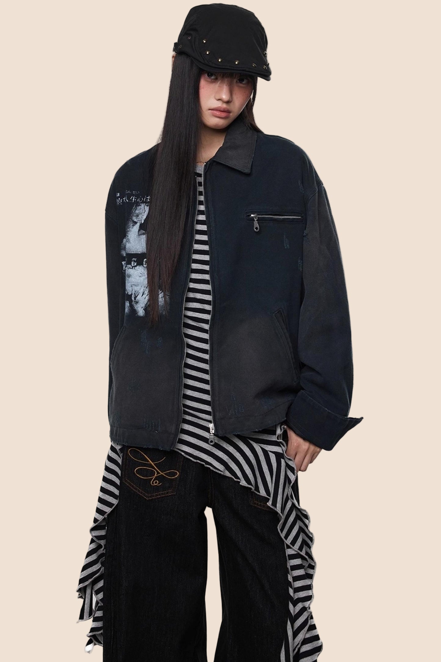 American Fall Distressed Vintage Zip Jacket