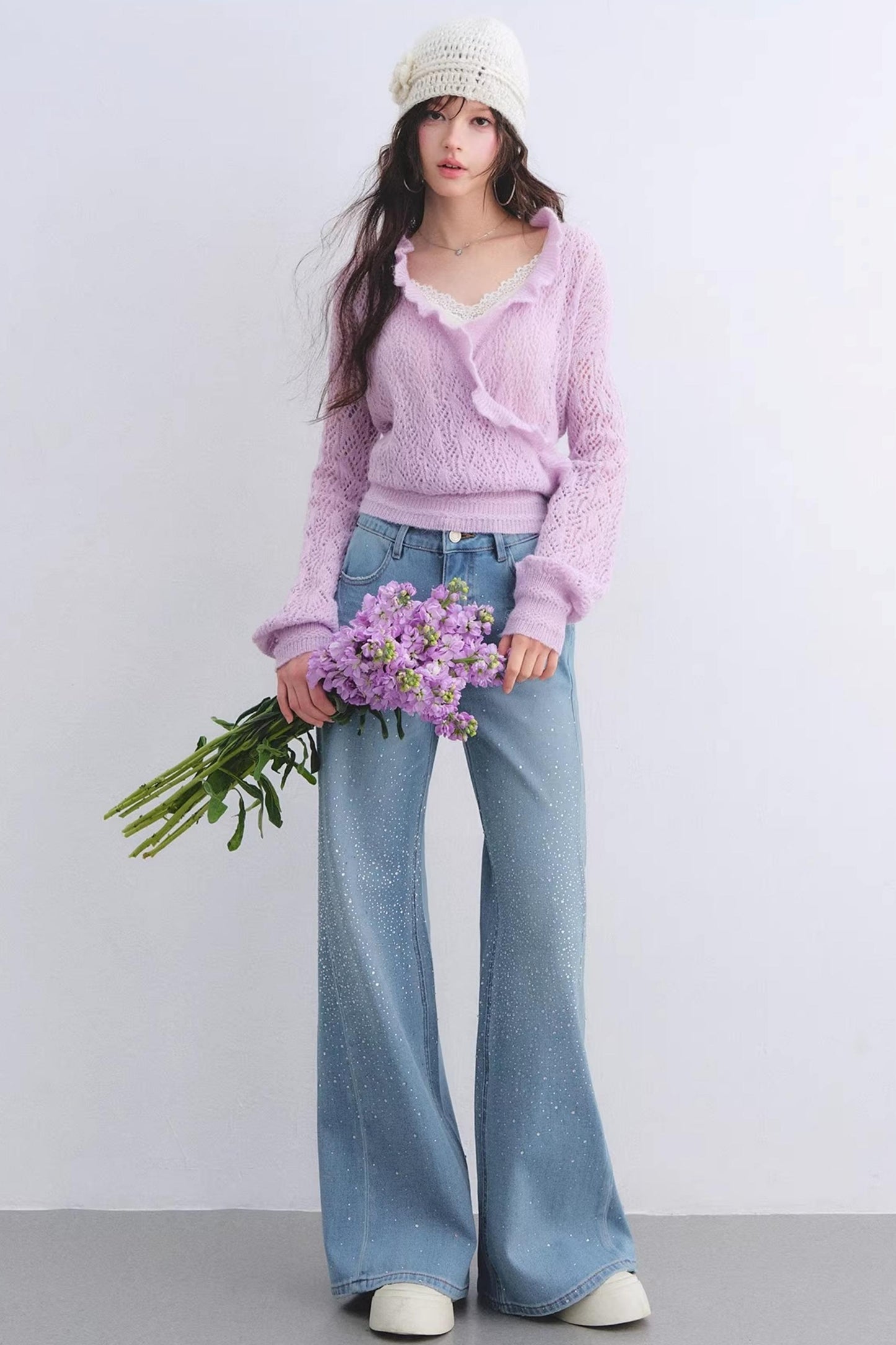 Washed Rhinestone Flared Pants
