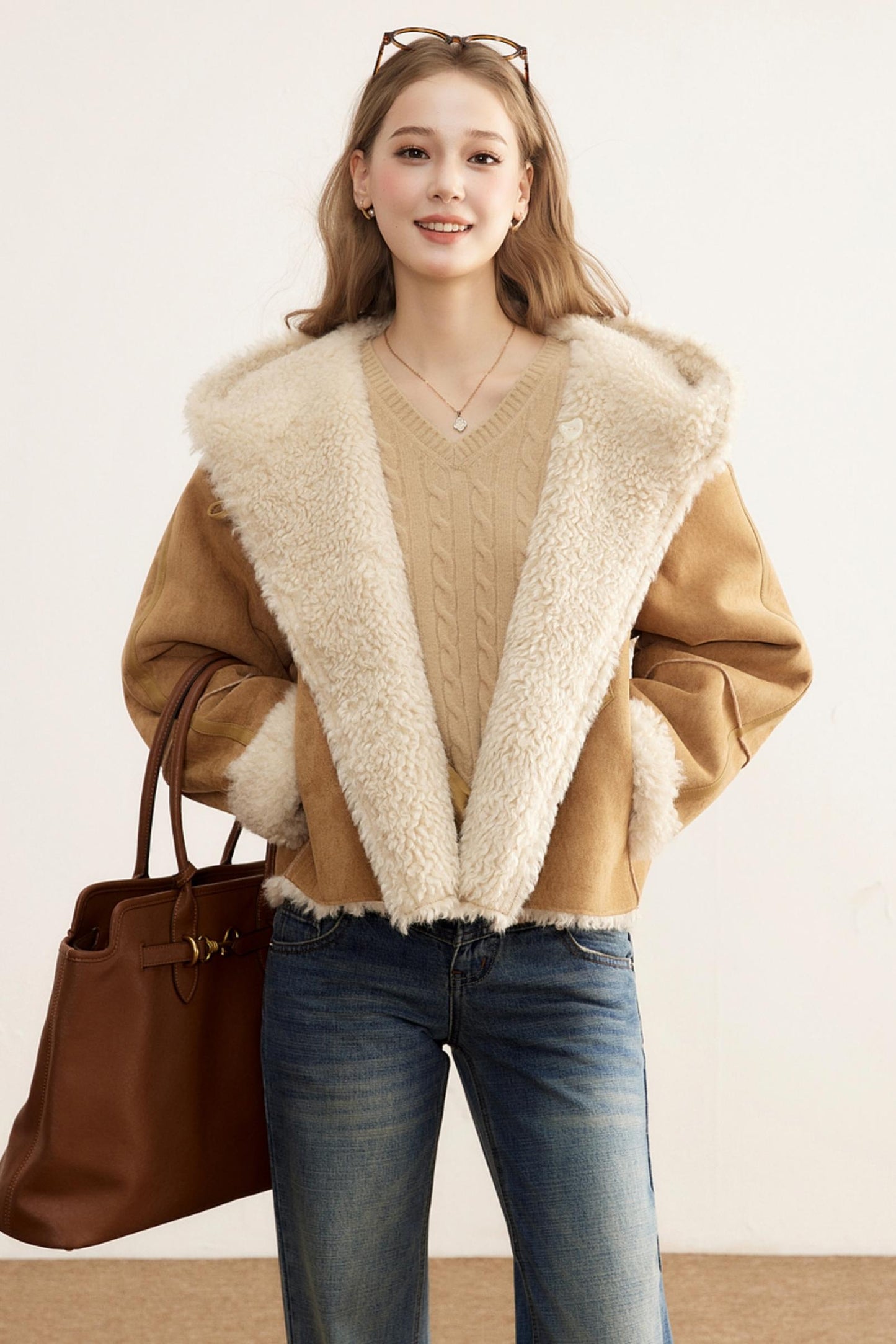 Short Suede Hooded Brown Jacket