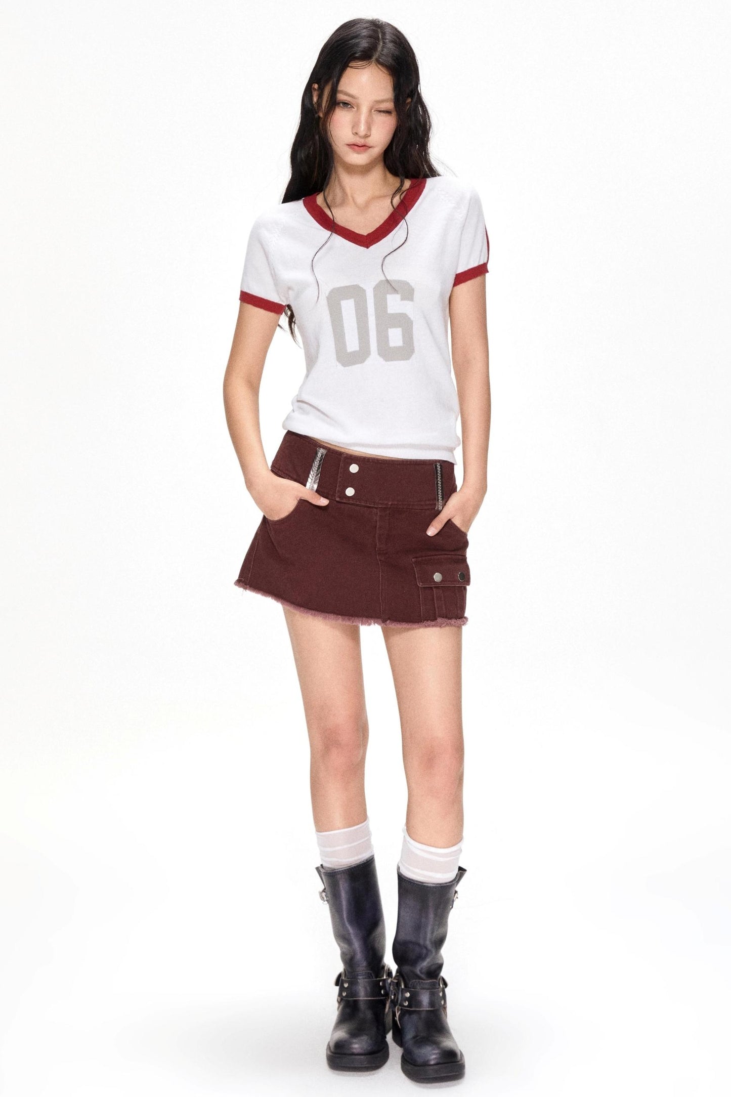 Color Block V-Neck Knit Tee