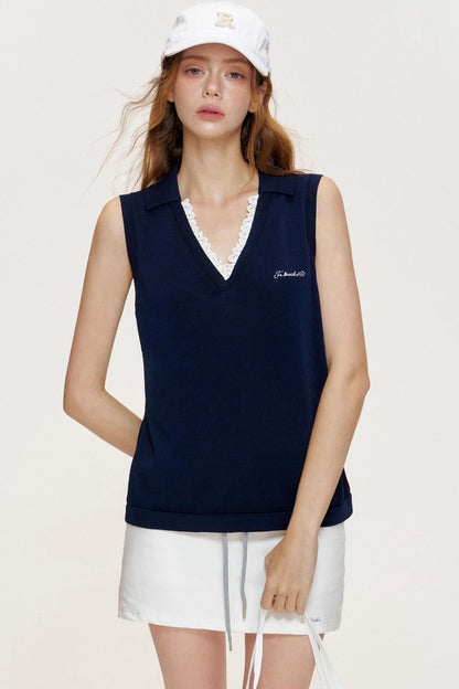 Beige Grain Embroidered Lace Knit Vest