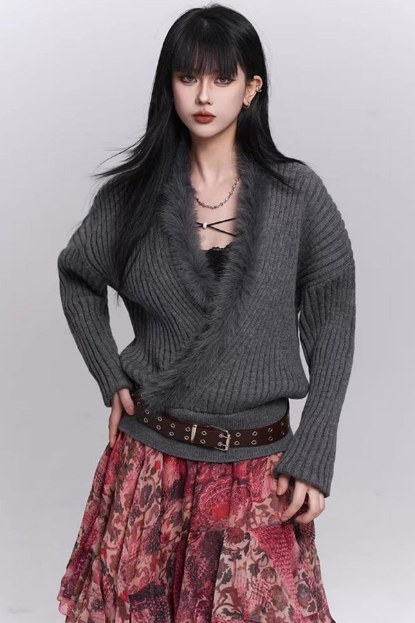 Soft Gray V-Neck Knit Sweater