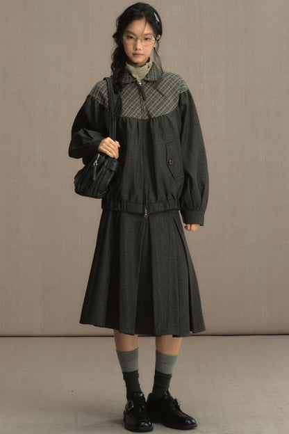 Retro Gray Plaid Cropped Jacket Set-Up