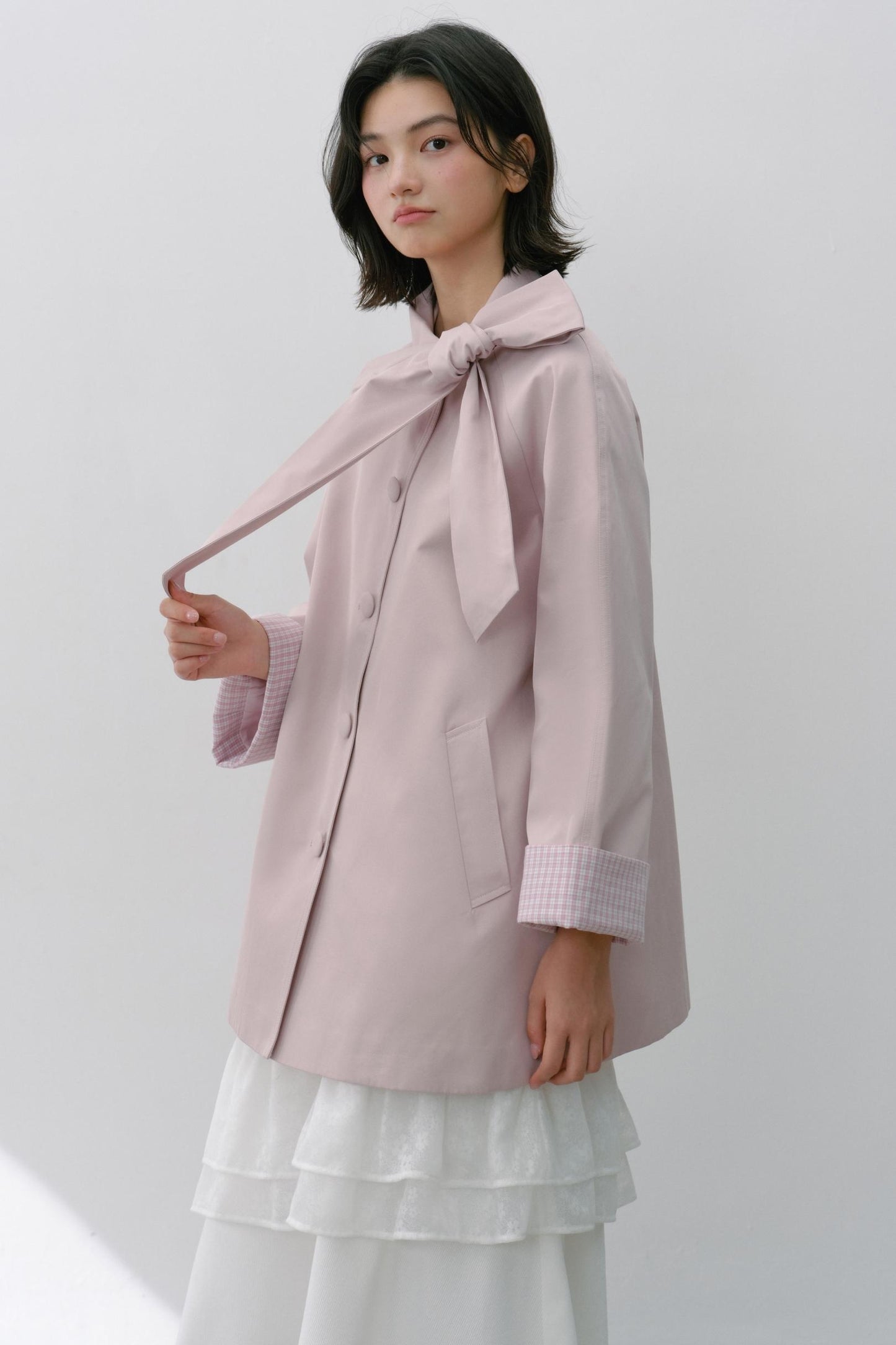 Pink Grey Check Bow Trench Coat