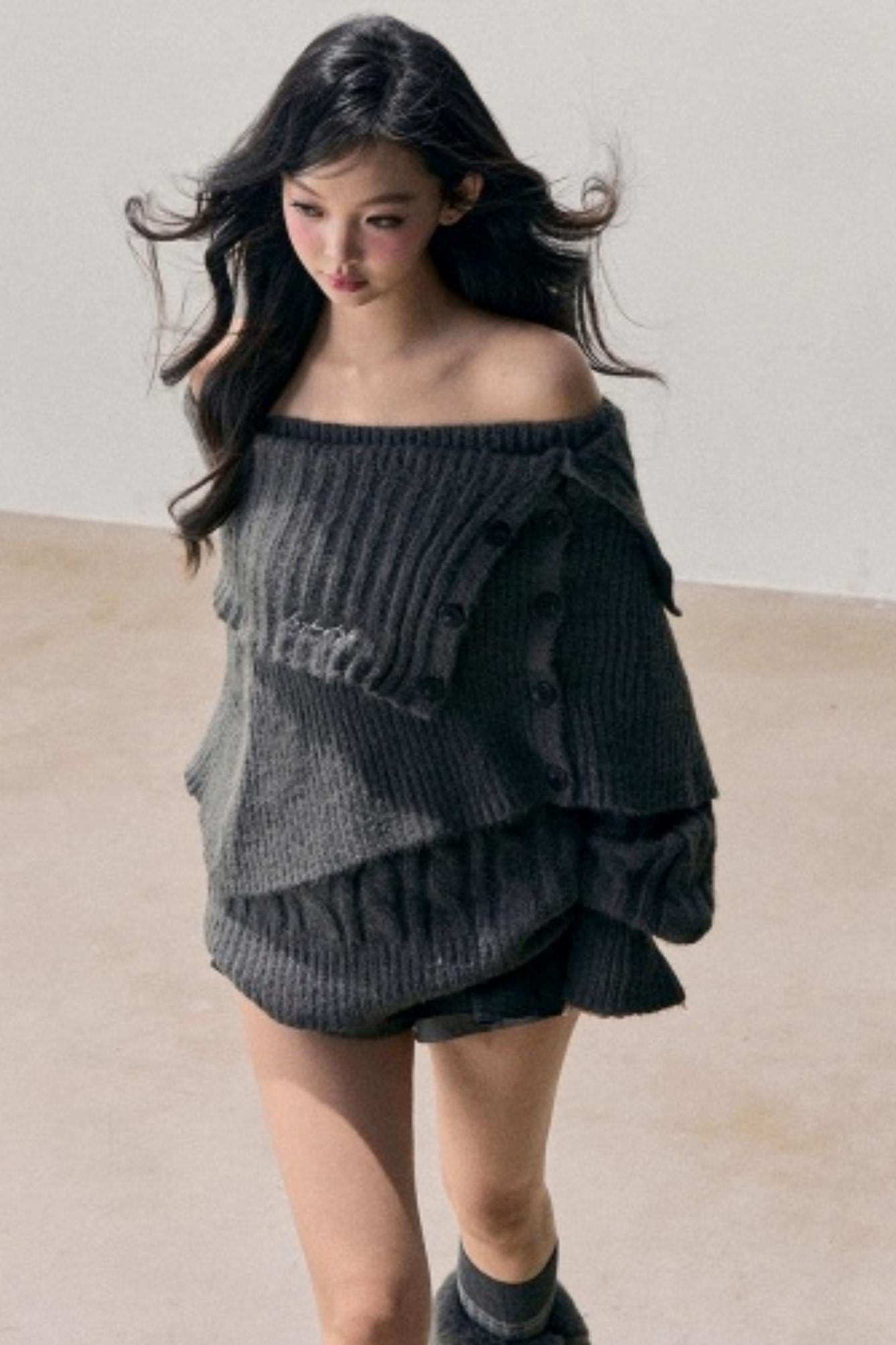One-Shoulder Knitted Sweater Set