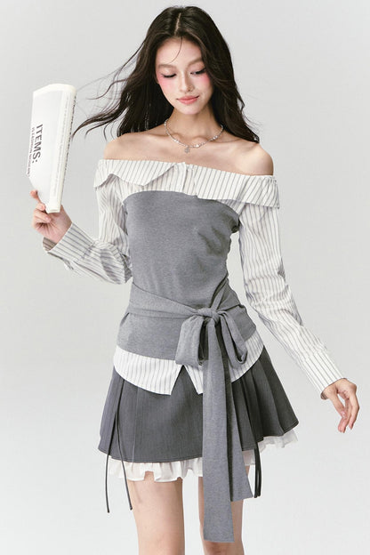 High-Intelligence Patchwork One-Shoulder Top Set-Up