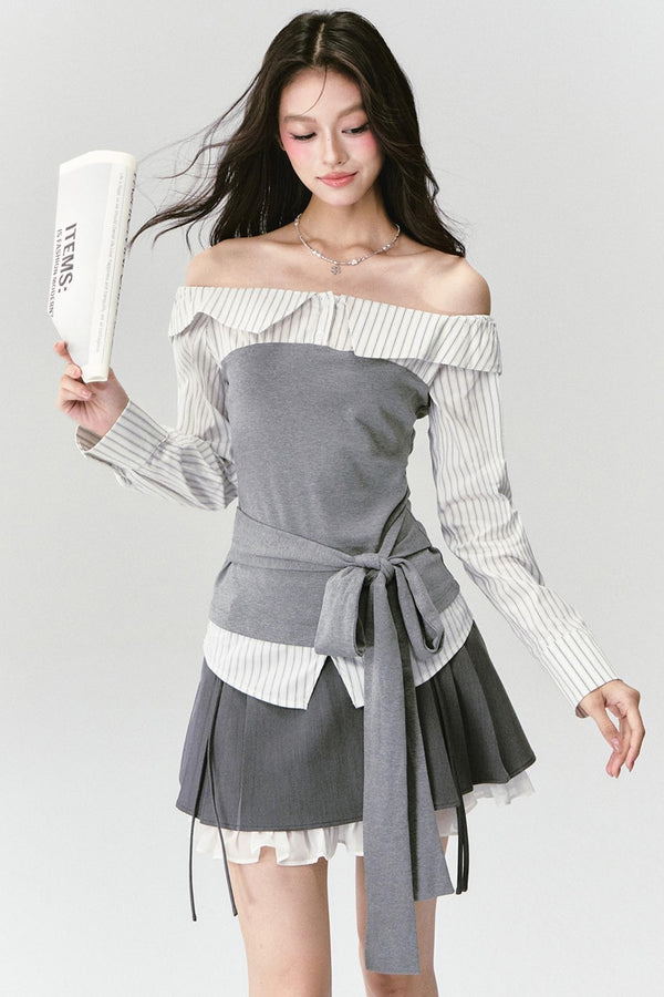 High-Intelligence Patchwork One-Shoulder Top Set-Up