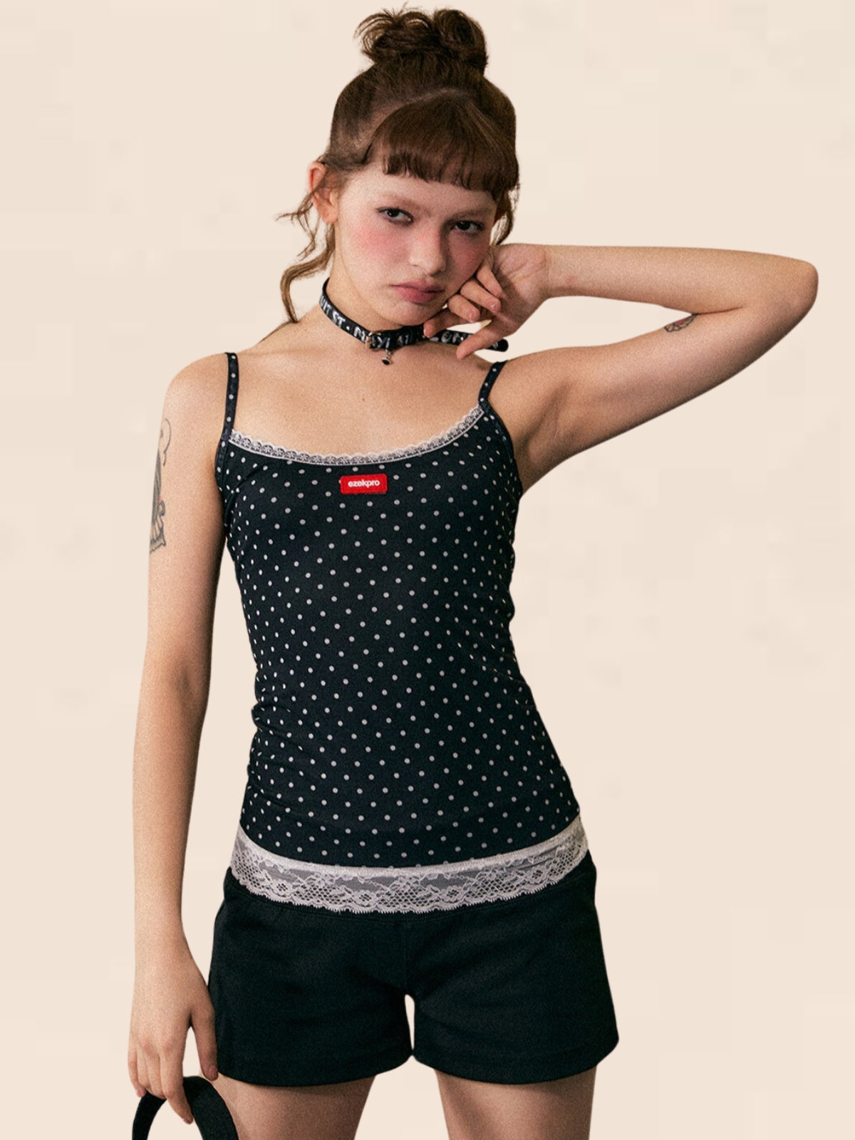 Lace-Stitched Polka Dot Camisole Top