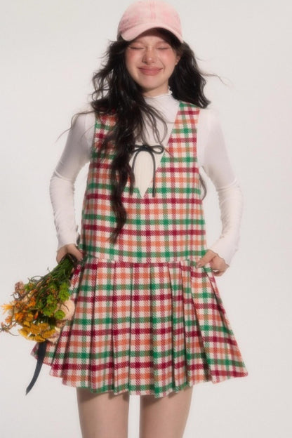 Colorful Plaid Wool Vest Dress