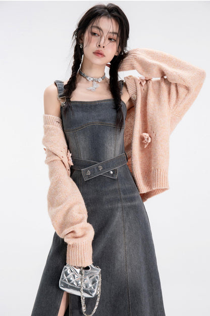 Robe à bretelles en denim lavé déchiré 